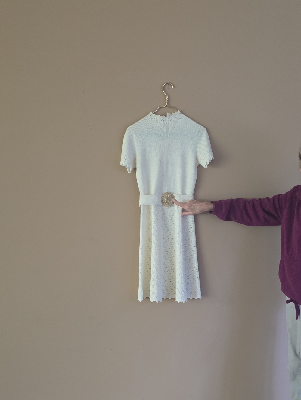 Cream St John Knit Short-Sleeve Belted Dress